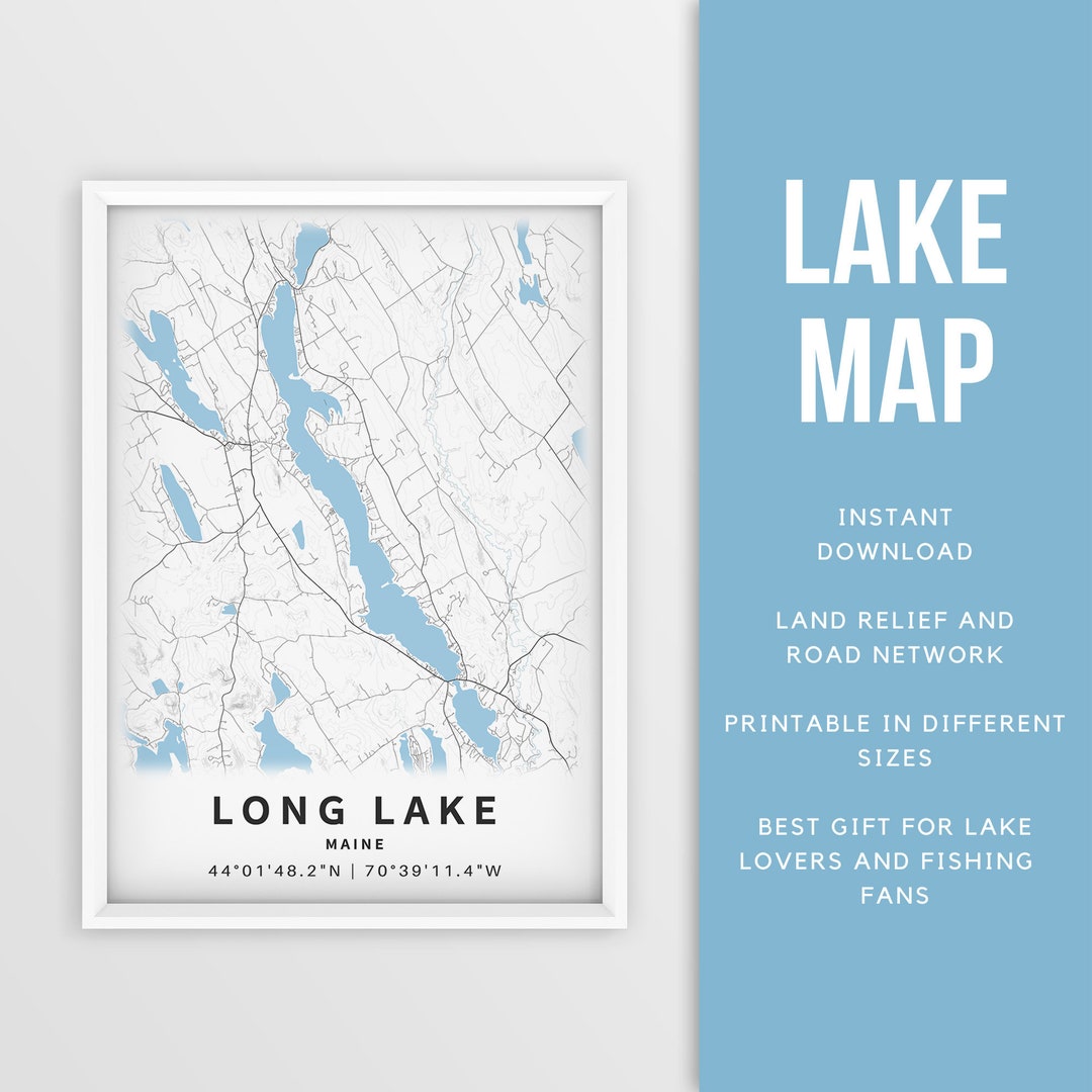 Printable Map of Long Lake, Maine, US Instant Download Lake Map Map
