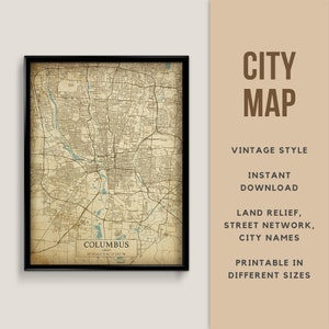 Mapa de estilo vintage imprimible de Columbus, Ohio, EE. UU. - Descarga instantánea \ Mapa de calles \ Arte de la pared \ Cartel del mapa \ Estilo antiguo \ Impresión de mapas