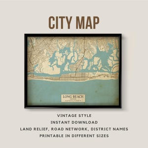 Carte de style vintage de Long Beach, New York - téléchargement immédiat \ plan des rues \ art mural \ affiche de carte \ antiquité \ impression de carte \ cadeau Long Beach