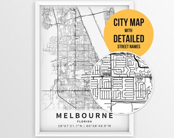 Melbourne Florida Map with Street Names, Printable Melbourne City Poster (Instant Download)