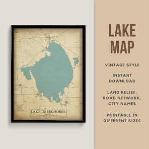 Vintage stijl kaart van Lake Okeechobee, Florida, VS met stadsnamen - Instant Download \ Lake Map \ Wall Art \ Printable Poster \ Map Print