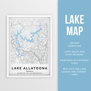 Mapa imprimible del lago Allatoona, río Etowah Georgia, EE. UU. - Descarga instantánea \ Cartel del mapa \ Decoración de la casa del lago \ LakeLife \ Pesca \ Paseos en bote