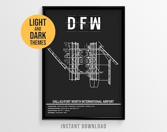 Dallas Fort Worth Airport Poster, DFW Airport Runway Map, Texas Aviation Art (Instant Download)