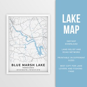 Mapa imprimible de Blue Marsh Lake, Pensilvania, EE. UU. - Descarga instantánea \ Mapa del lago \ Cartel de pesca \ Decoración de la casa del lago \ LakeLife \ Paseos en bote
