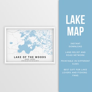 Carte imprimable du lac des Bois, Ontario, Canada - Téléchargement instantané \ Carte du lac \ Affiche \ Lake House Decor \ LakeLife \ Pêche \ Navigation de plaisance