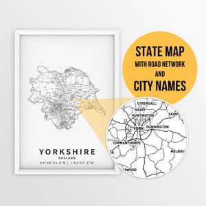 Mapa imprimible de Yorkshire, Inglaterra, Reino Unido, con nombres de ciudades y carreteras - Descarga instantánea, Mapa de Inglaterra, Arte mural, Planificador de viajes, Regalo de Yorkshire