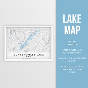 Afdrukbare kaart van Guntersville Lake, Alabama, VS - Instant Download \ Lake Map \ Map Poster \ Lake House Decor \ LakeLife \ Fishing \ Varen