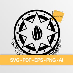 Pode incluir: Design gráfico a preto e branco com uma chama central dentro de uma estrela de oito pontas, rodeada por uma borda circular. O design inclui detalhes de trigo e folhas de carvalho. O texto na parte inferior diz "SVG - PDF - EPS - PNG - AI".
