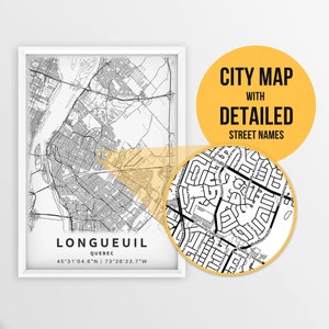 Mapa para impressão de Longueuil, Quebec, Canadá com nomes de ruas - download instantâneo \ Mapa da cidade \ Presente de viagem \ Cartaz da cidade \ Impressão de mapa de estradas