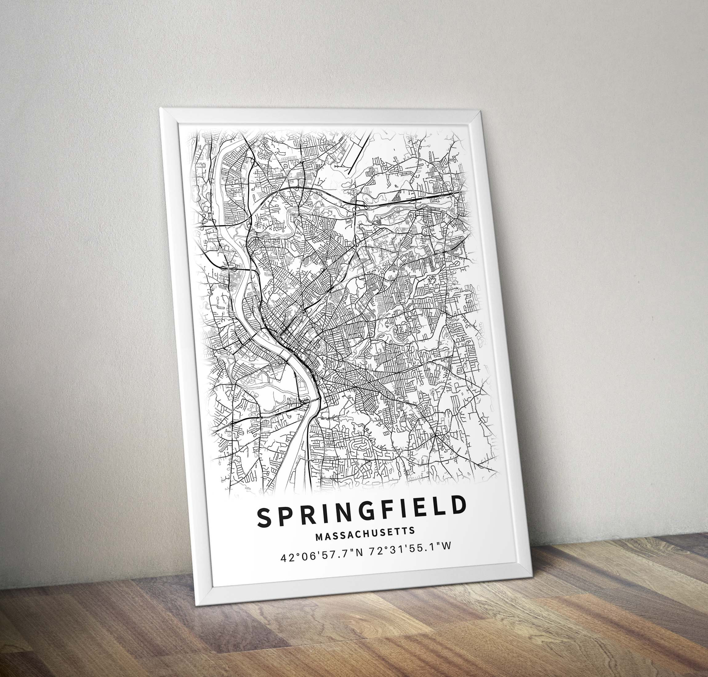 Printable Map of Springfield Massachusetts MA United States Etsy