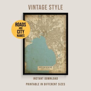 Carte de style vintage de Melbourne, Victoria, affiche imprimable de la ville de Melbourne (téléchargement instantané)