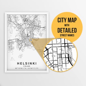 Wydrukowana mapa Helsinek, Finlandia z nazwami ulic - natychmiastowe pobranie \ Mapa miasta \ Prezent podróżny \ Plakat miejski \ Wydruk mapy drogowej \ Sztuka mapy