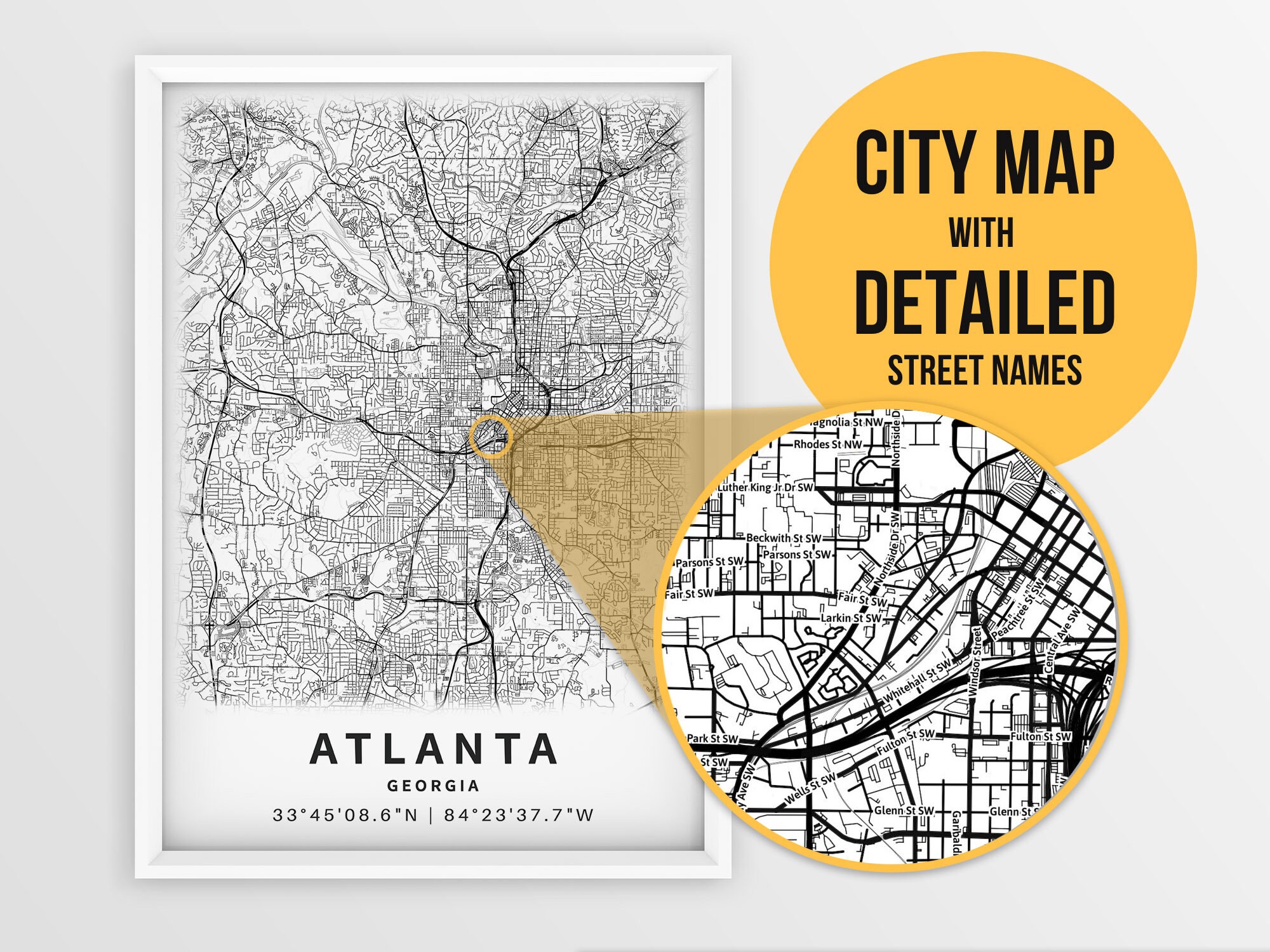 Printable Map of Atlanta Georgia United States With Street - Etsy UK