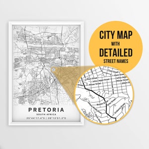 Druckbare Karte von Pretoria, Südafrika mit Straßennamen - sofortiger Download ~ Karte ~ ~ Stadt Karte ~ Strassen Karte Print
