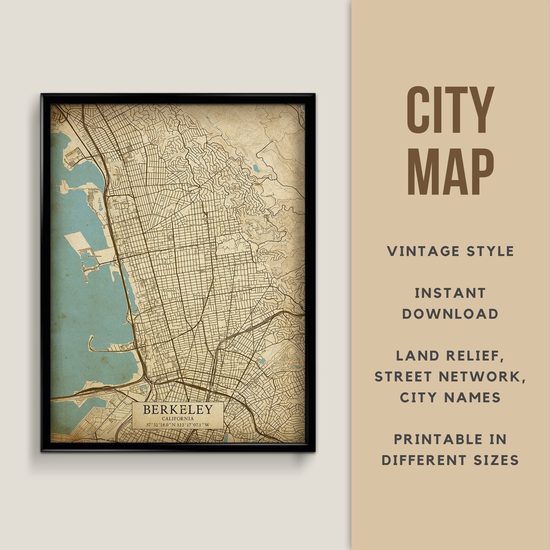 Printable Vintage Style Map of Berkeley, California, USA Instant ...