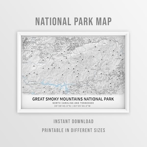 Carte imprimable du parc national des Great Smoky Mountains, affiche de la topographie - téléchargement immédiat, carte des Great Smoky Mountains, affiche de carte, cadeau de randonnée, carte des sentiers