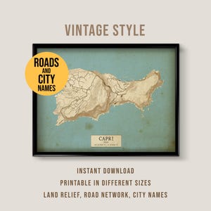 Mapa vintage de la isla de Capri, Italia. Póster imprimible de la ciudad de Capri (descarga instantánea).