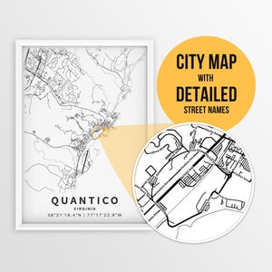 Peut inclure: Une carte de la ville de Quantico, en Virginie, en noir et blanc, avec des noms de rues détaillés. La carte indique l'emplacement de Quantico, en Virginie, avec les coordonnées 38°31'19.4"N 77°17'22.9"W.