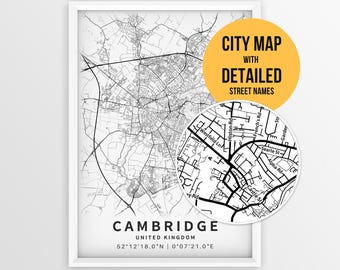 Cambridge England  Map with Street Names, Printable Cambridge UK City Poster (Instant Download)