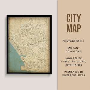 Vintage Style Map of Oceanside, California, USA - Instant Download \ Street Map \ Wall Art \ Map Poster \ Antique Style \ Map Print