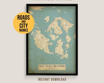 Mapa de estilo vintage de las Islas San Juan, Washington, Póster imprimible de la ciudad de Washington (Descarga instantánea)