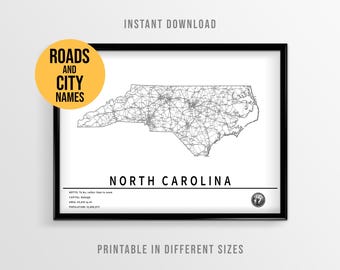 North Carolina Map Poster, USA State Printable Map with city names (Instant Download)