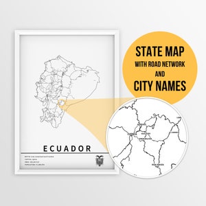 Afdrukbare kaart van Ecuador met stadsnamen en wegen - Instant Download \ Landkaart \ Kaartkunst \ Reisplanner \ Push Pin Map \ Ecuador Cadeau