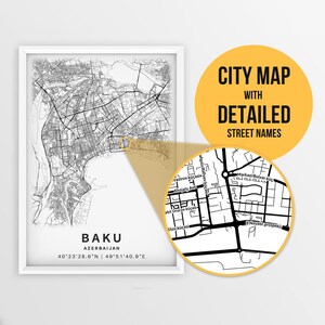 Druckbare Karte von Baku, Aserbaidschan mit Straßennamen - Sofort Download \ City Map \ Travel Gift \ City Poster \ Road Map Print \ Wall Art
