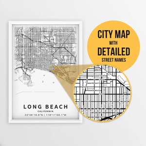 Druckbare Karte von Long Beach, Kalifornien, USA mit Straßennamen - Sofort Download \ City Map \ Travel Gift \ City Poster \ Road Map Print