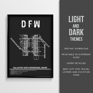Cartel del aeropuerto internacional DFW Dallas Fort Worth - Descarga instantánea \ Mapa del aeropuerto \ Regalo piloto \ Arte de la pared \ Cartel de viaje de Texas