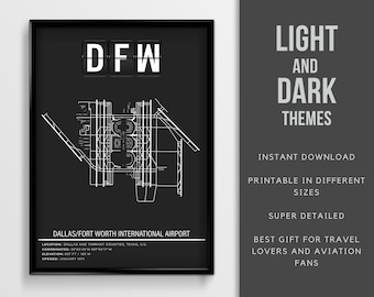 Cartel del aeropuerto internacional DFW Dallas Fort Worth - Descarga instantánea \ Mapa del aeropuerto \ Regalo piloto \ Arte de la pared \ Cartel de viaje de Texas