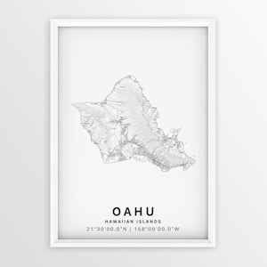 Mapa topográfico de O'ahu, Havaí, para impressão, pôster com nomes de cidades de Honolulu, arte de parede para download digital, impressão de mapa da ilha de O'ahu, presente de viagem