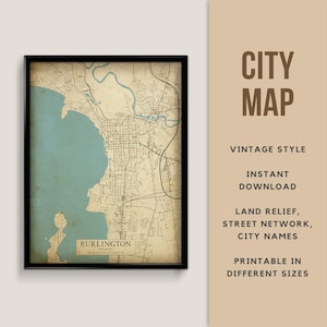 Printable Vintage Style Map of Burlington, Vermont, USA - Instant Download \ Street Map \ Wall Art \ Map Poster \ Antique Style \ Map Print