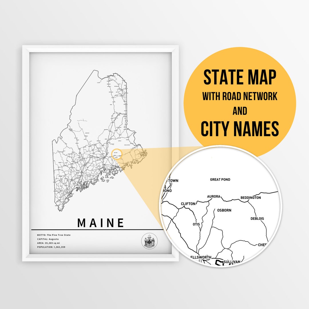 Printable Map of Maine, United States With City and Roads Instant