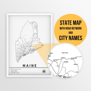 Carte imprimable du Maine, États-Unis avec la ville et les routes - téléchargement immédiat \ State Map \ Map Art \ Push Pin Map \ Maine Gift \ Art mural