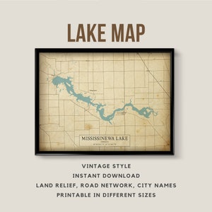 Vintage Style Map of Mississinewa Lake, Indiana, USA with City Names - Instant Download \ Lake Map \ Wall Art \ Printable Poster \ Map Print