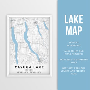 Mapa imprimible del lago Cayuga, Nueva York, EE. UU. - Descarga instantánea \ Mapa del lago \ Cartel del mapa \ Decoración de la casa del lago \ LakeLife \ Pesca \ Paseos en bote