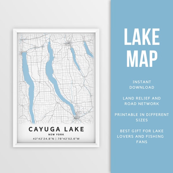 Printable Map of Cayuga Lake, New York, US - Instant Download \ Lake Map \ Map Poster \ Lake House Decor \ LakeLife \ Fishing \ Boating