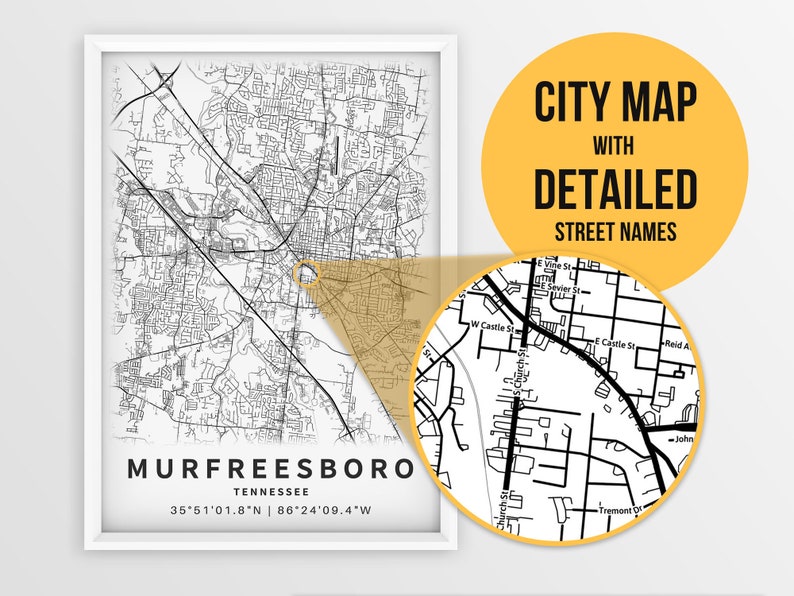 Printable Map of Murfreesboro TN Tennessee United States Etsy