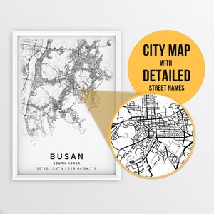 Mapa para impressão de Busan, Coreia do Sul com nomes de ruas - download instantâneo \ Mapa da cidade \ Presente de viagem \ Cartaz da cidade \ Impressão de mapa de estradas \ Arte de parede
