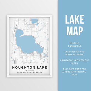 Mapa imprimible de Houghton Lake, Michigan, EE. UU. - Descarga instantánea \ Mapa del lago \ Cartel del mapa \ Decoración de la casa del lago \ LakeLife \ Pesca \ Paseos en bote