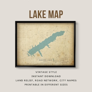 Vintage stijlkaart van Sardis Lake, Mississippi, VS met plaatsnamen - Instant Download \ Wall Art \ Lake Poster \ Lake cabin \ Fish gif