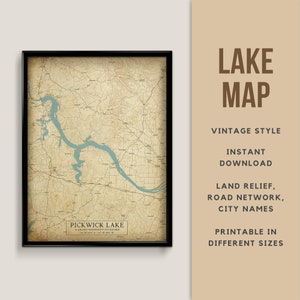 Vintage Stil Karte von Pickwick Lake, Tennessee, Alabama, Mississippi, USA mit Städtenamen - Sofort Download \ Wandkunst \ Printable Poster