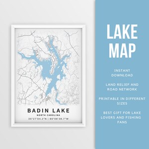 Mapa imprimible de Badin Lake, Carolina del Norte, EE. UU. - Descarga instantánea \ Mapa del lago \ Cartel de pesca \ Decoración de la casa del lago \ LakeLife \ Paseos en bote