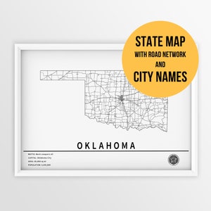 Mapa imprimible de Oklahoma con nombres de ciudades y carreteras - Descarga instantánea \ Mapa de carreteras estatales \ Póster \ Push Pin Map \ Planificador de viajes \ Impresión de mapas