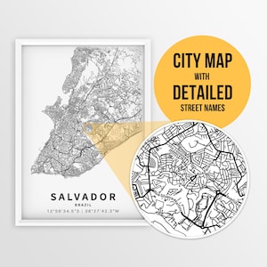Printable map poster of Salvador, Bahia, Brazil with Street Names - Instant Download \ City Map \ Travel Gift \ City Poster \ Map Print