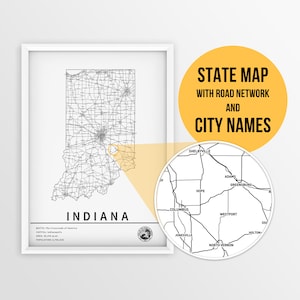Carte imprimable de l'Indiana, aux États-Unis, avec les noms des villes et des routes - téléchargement immédiat \ State Map \ Map Art \ Push Pin Map \ Travel Planner