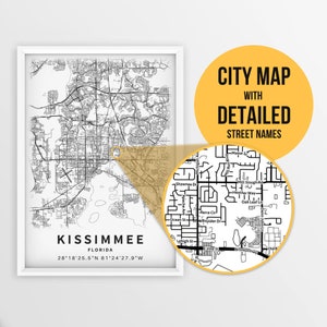 Afdrukbare kaart van Kissimmee, Florida, VS met straatnamen - Instant Download \ Stadsplattegrond \ Reiscadeau \ Stadsposter \ Routekaart afdrukken