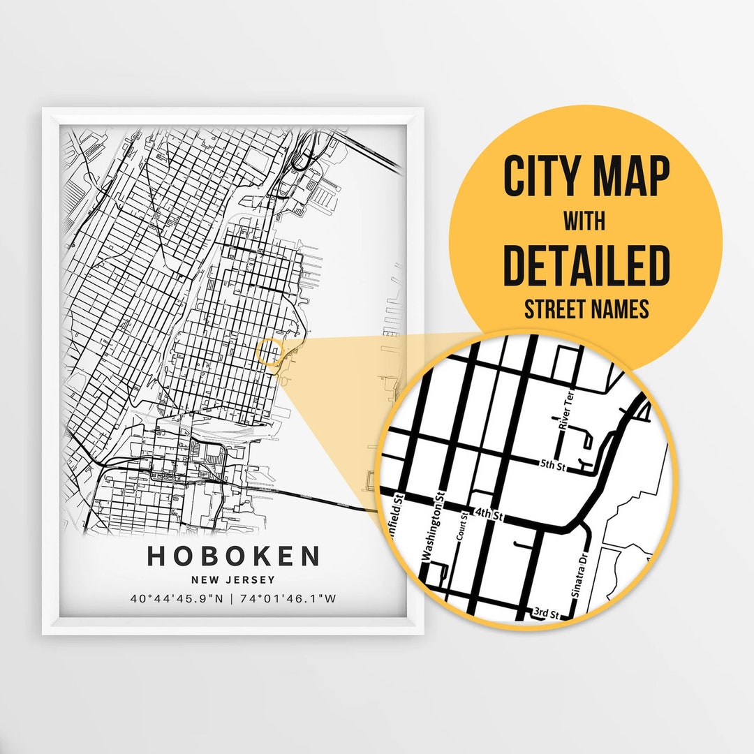 Printable Map of Hoboken, New Jersey, USA With Street Names Instant
