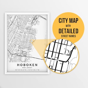 Druckbare Karte von Hoboken, New Jersey, USA mit Straßennamen - Sofort Download \ City Map \ Travel Gift \ City Poster \ Road Map Print